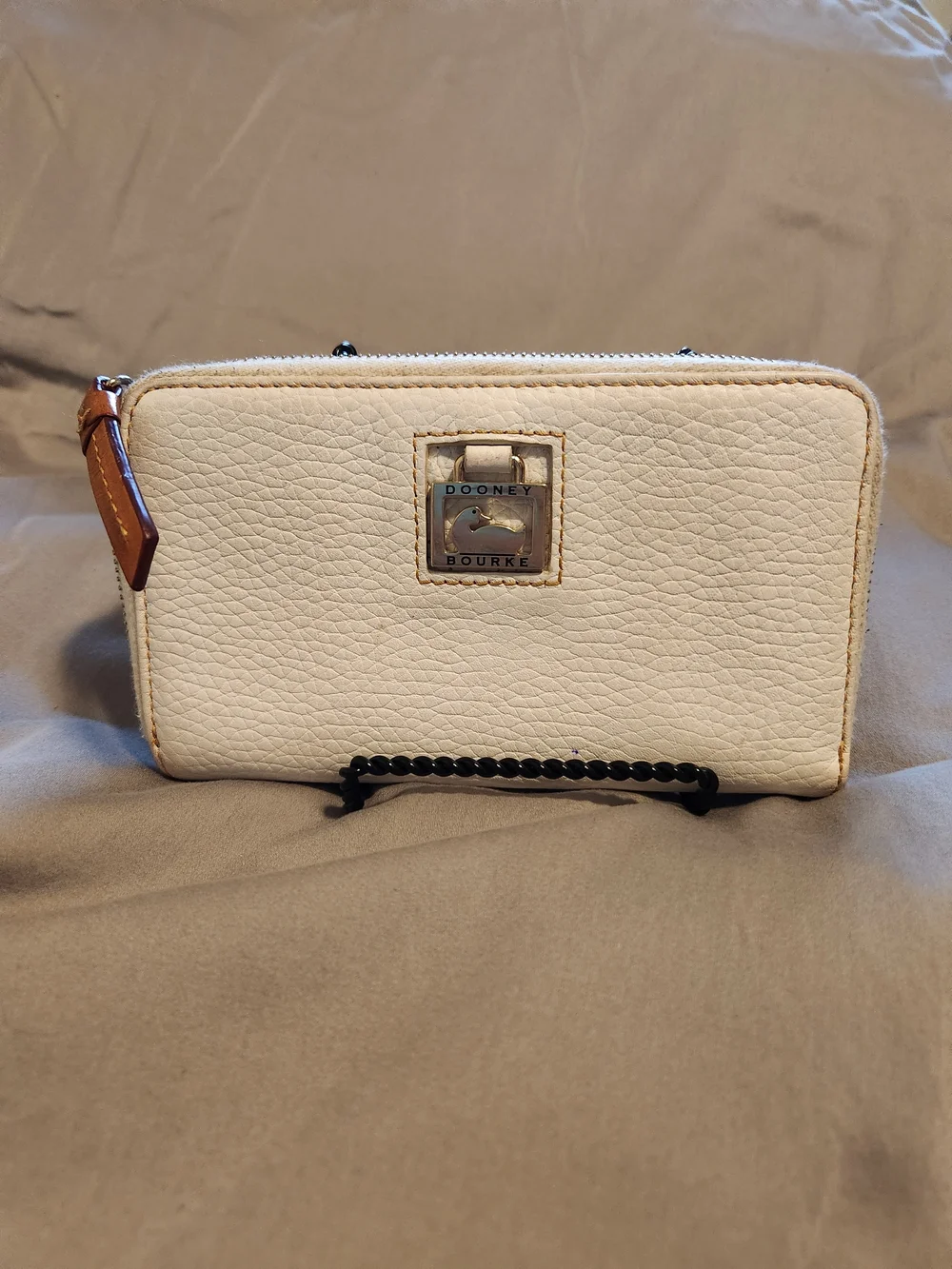 Project Dooney & Bourke Cream Pebbled Leather Zip-Around Wallet with Tan Pull